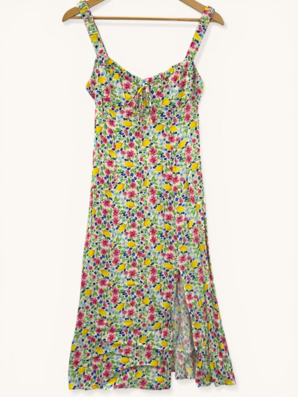 Olivaceous Lemon Floral Midi Dress Tie Bust Slit Spring Cottagecore S‎ Coquette